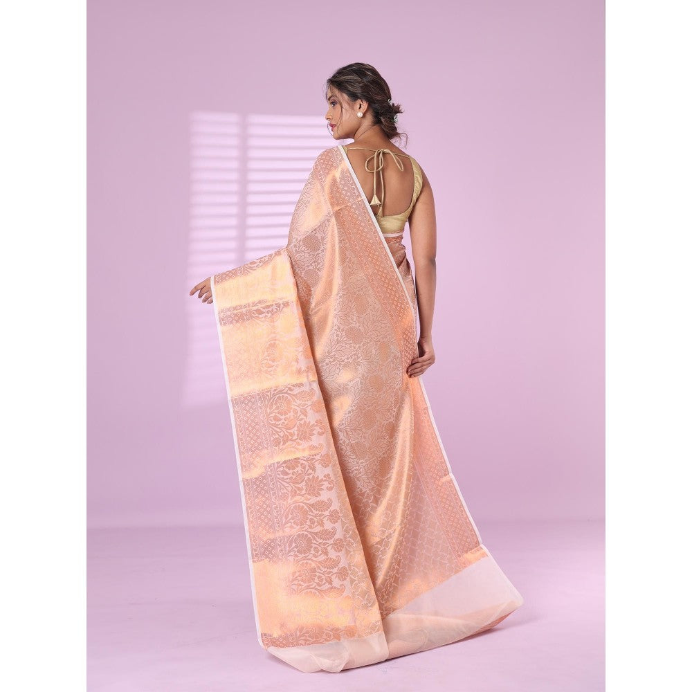 CHARUKRITI All Over Zari Weaving Off White Brocade Silk Soft Saree with Unstitched Blouse