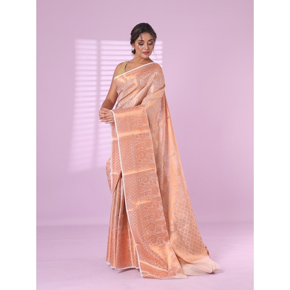 CHARUKRITI All Over Zari Weaving Off White Brocade Silk Soft Saree with Unstitched Blouse