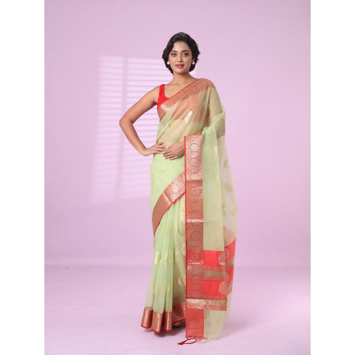 CHARUKRITI Green Organza Saree Zari Weave Border with Unstitched Blouse