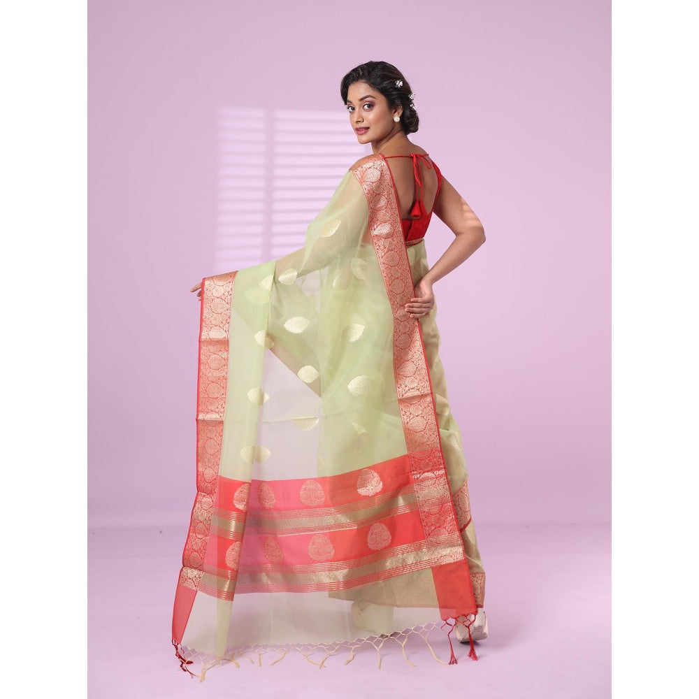 CHARUKRITI Green Organza Saree Zari Weave Border with Unstitched Blouse