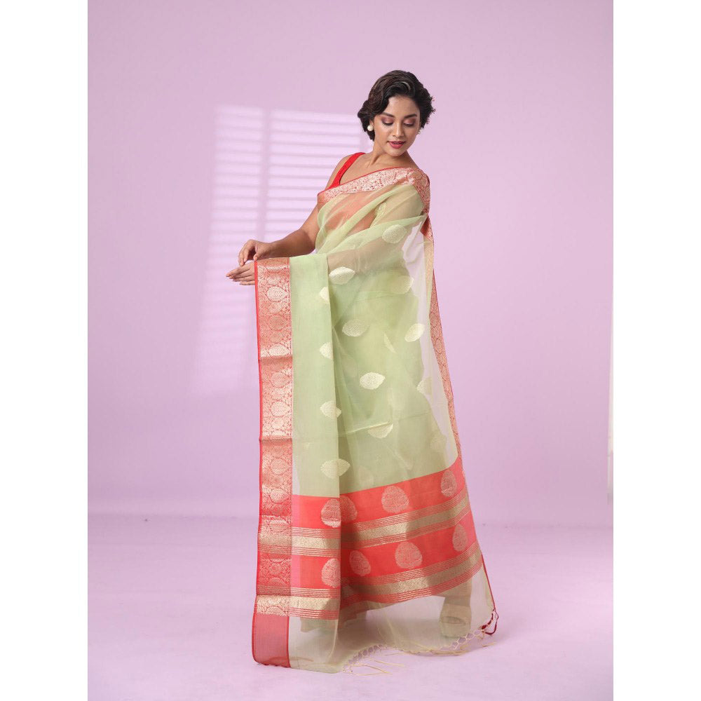 CHARUKRITI Green Organza Saree Zari Weave Border with Unstitched Blouse