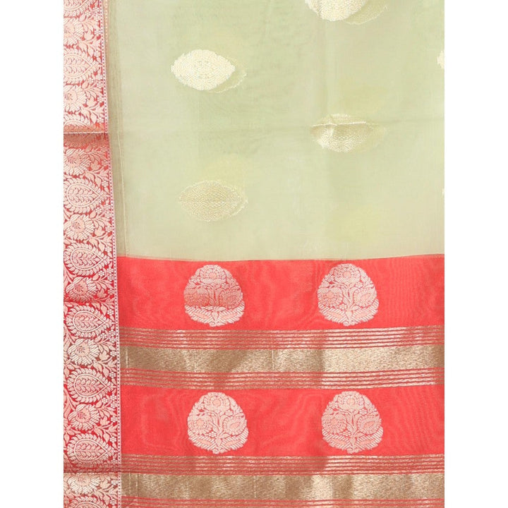 CHARUKRITI Green Organza Saree Zari Weave Border with Unstitched Blouse