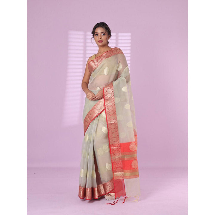 CHARUKRITI Grey Organza Saree Zari Weave Border with Unstitched Blouse