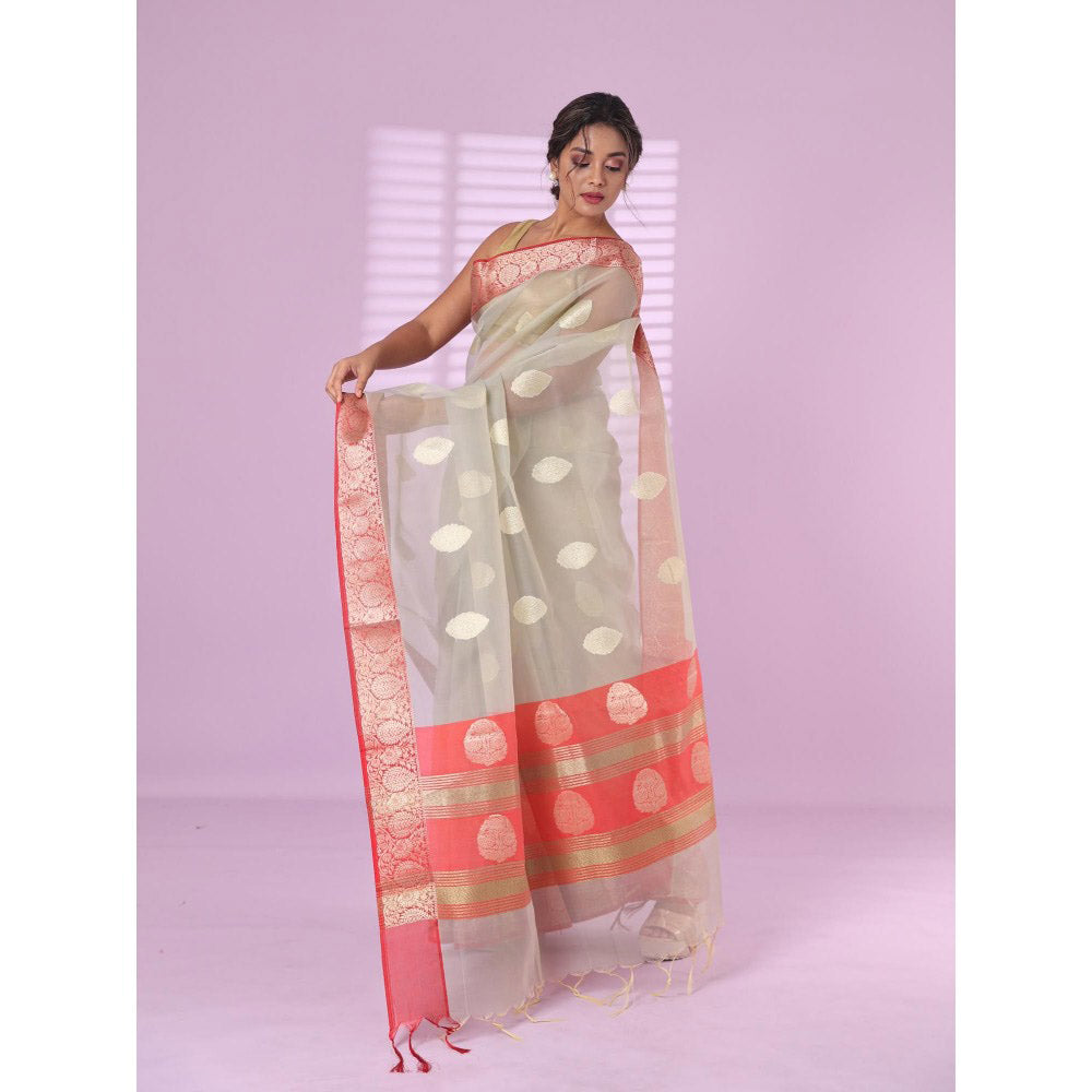 CHARUKRITI Grey Organza Saree Zari Weave Border with Unstitched Blouse