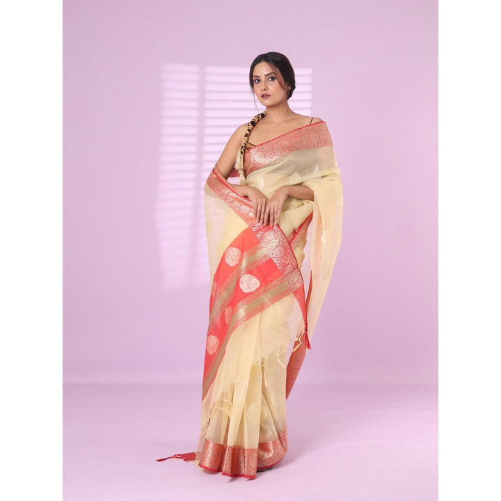 CHARUKRITI Beige Organza Saree Zari Weave Border with Unstitched Blouse