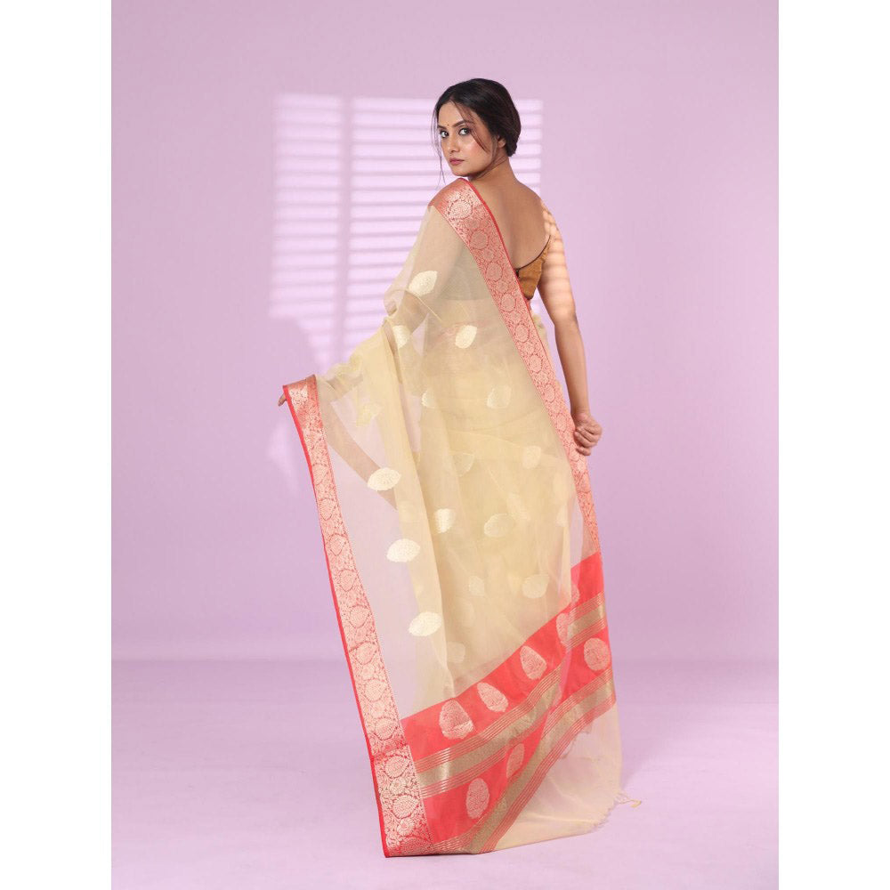 CHARUKRITI Beige Organza Saree Zari Weave Border with Unstitched Blouse