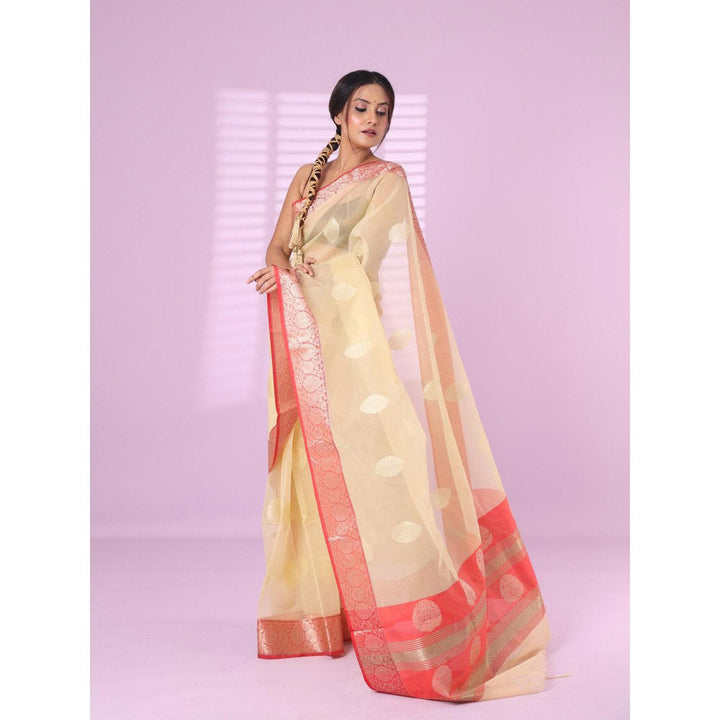 CHARUKRITI Beige Organza Saree Zari Weave Border with Unstitched Blouse