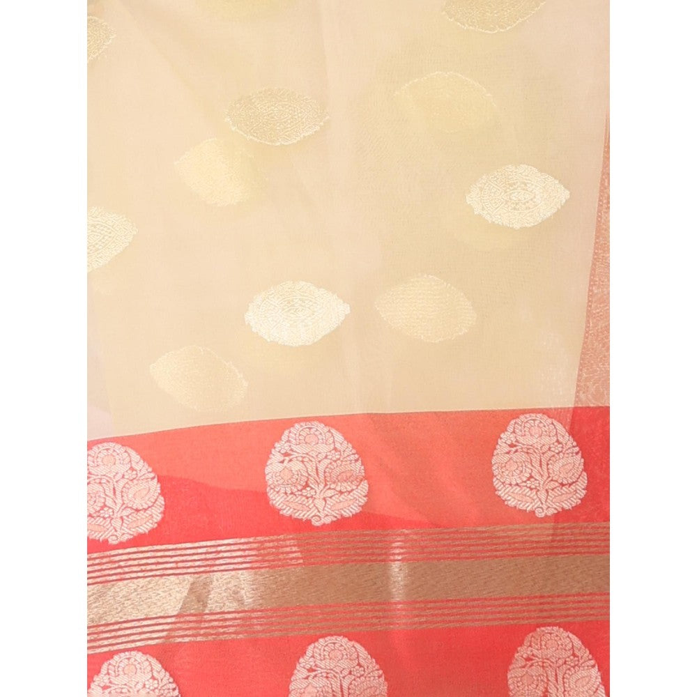 CHARUKRITI Beige Organza Saree Zari Weave Border with Unstitched Blouse