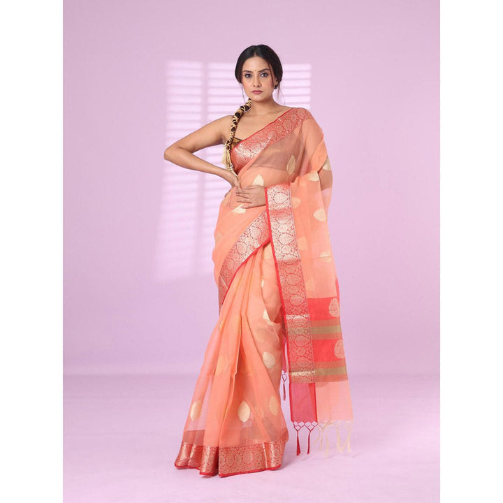 CHARUKRITI Peach Organza Saree Zari Weave Border with Unstitched Blouse