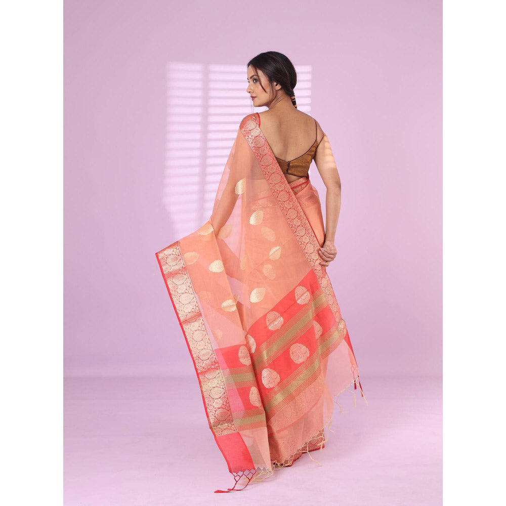 CHARUKRITI Peach Organza Saree Zari Weave Border with Unstitched Blouse