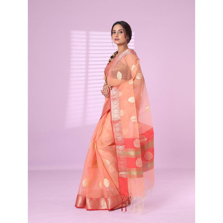 CHARUKRITI Peach Organza Saree Zari Weave Border with Unstitched Blouse