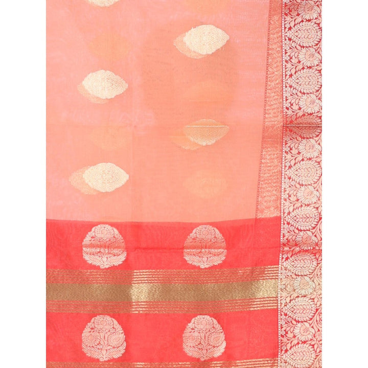 CHARUKRITI Peach Organza Saree Zari Weave Border with Unstitched Blouse