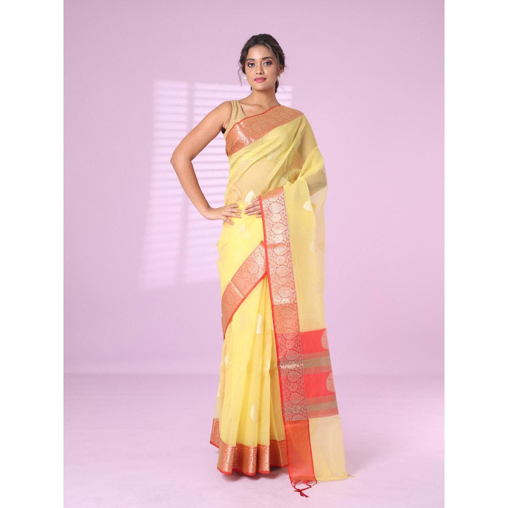 CHARUKRITI Yellow Organza Saree Zari Weave Border with Unstitched Blouse