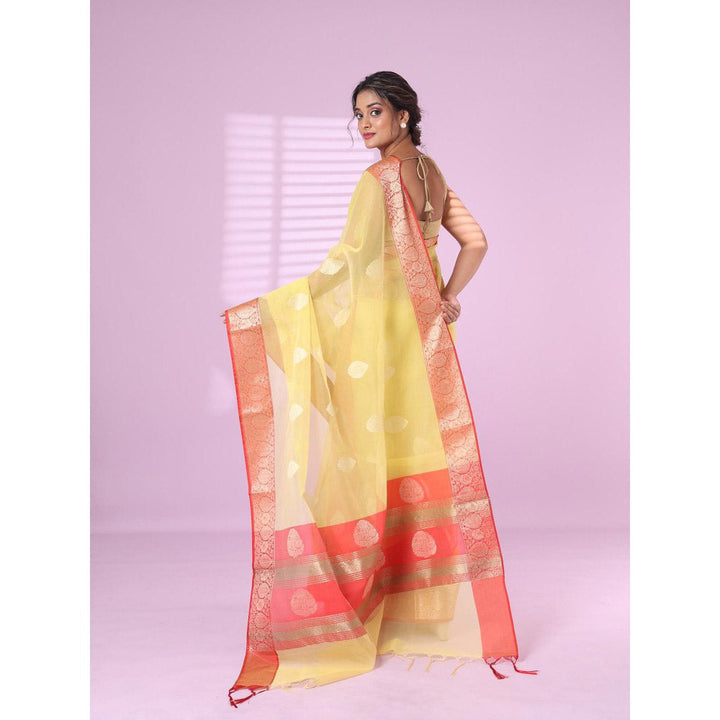 CHARUKRITI Yellow Organza Saree Zari Weave Border with Unstitched Blouse