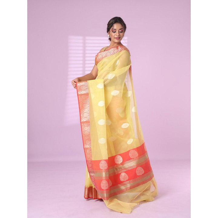 CHARUKRITI Yellow Organza Saree Zari Weave Border with Unstitched Blouse