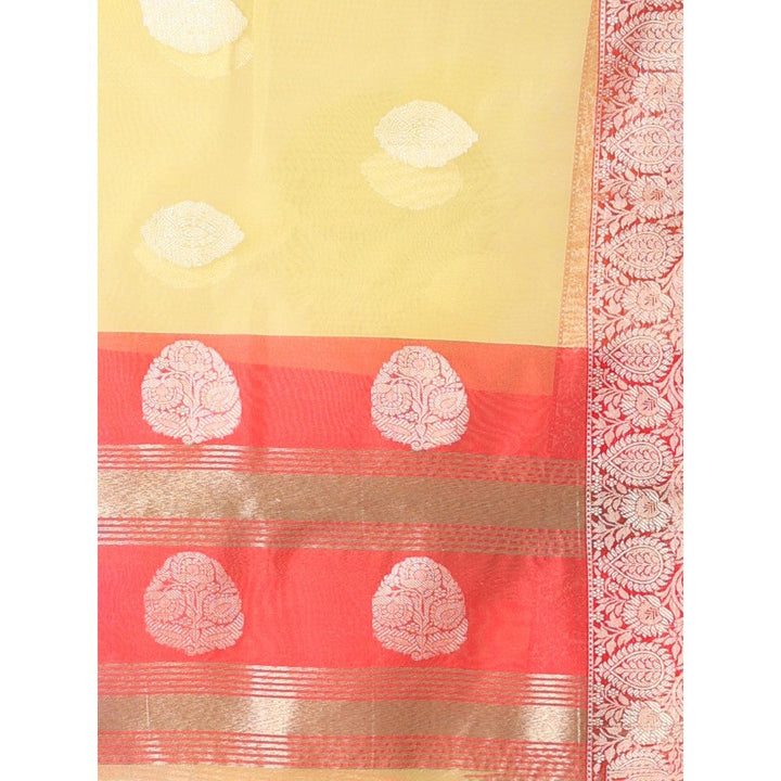 CHARUKRITI Yellow Organza Saree Zari Weave Border with Unstitched Blouse