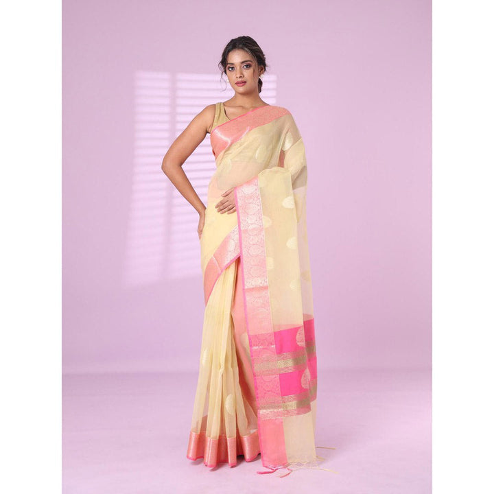 CHARUKRITI Dark Beige Organza Saree Zari Weave Border with Unstitched Blouse