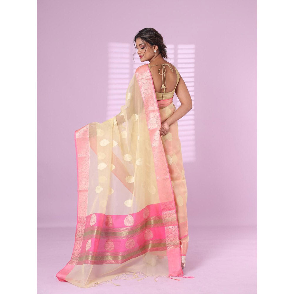 CHARUKRITI Dark Beige Organza Saree Zari Weave Border with Unstitched Blouse