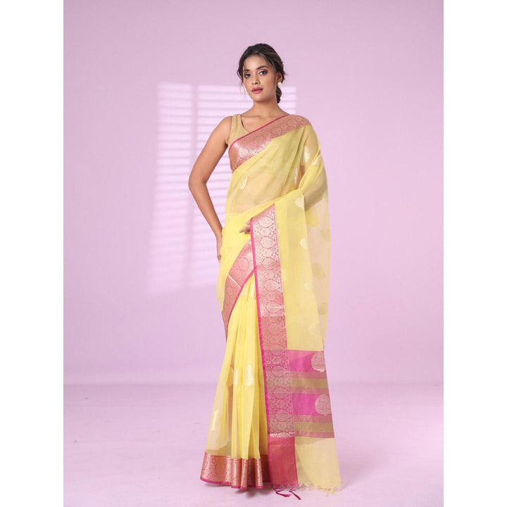 CHARUKRITI Yellow Organza Saree Zari Weave Border with Unstitched Blouse