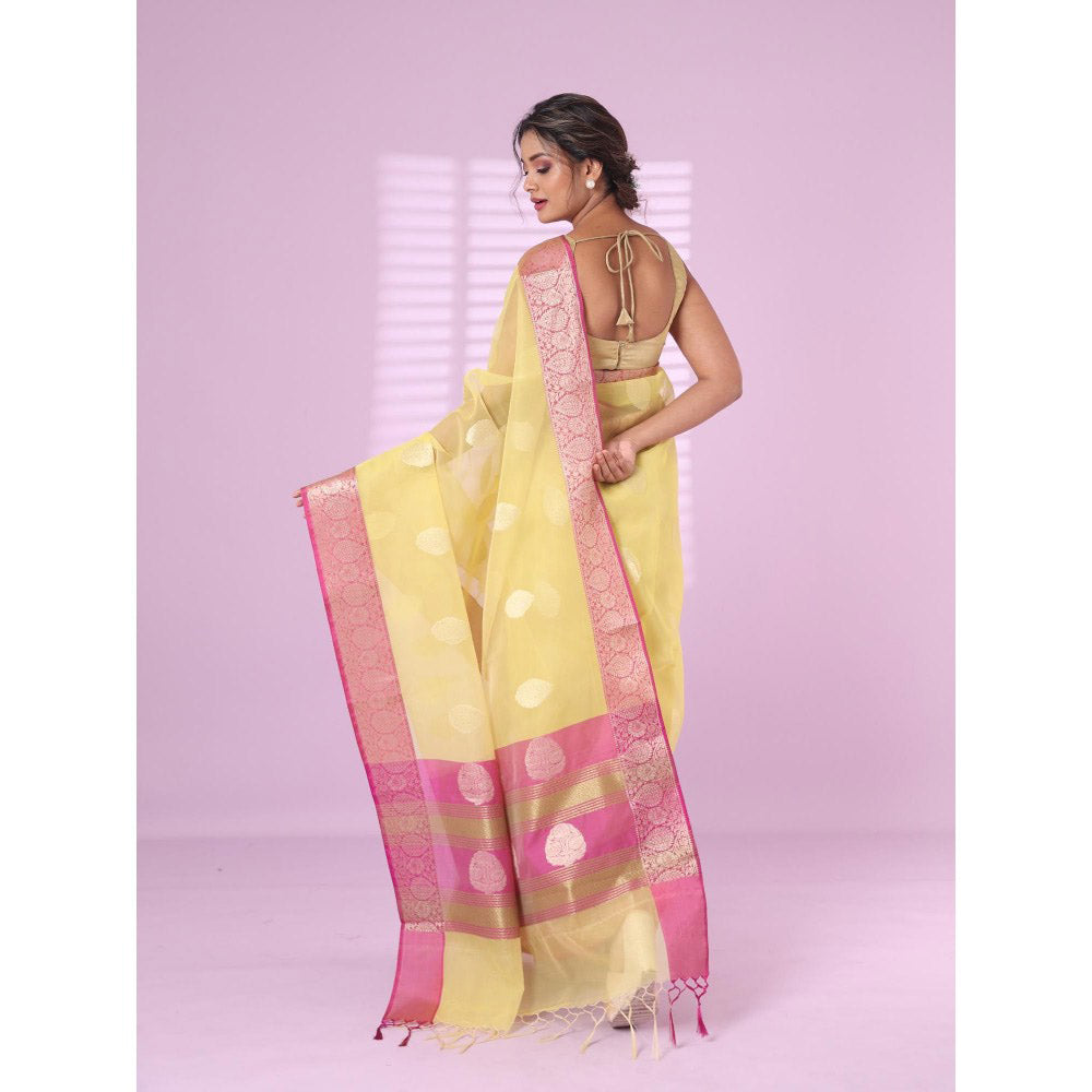 CHARUKRITI Yellow Organza Saree Zari Weave Border with Unstitched Blouse