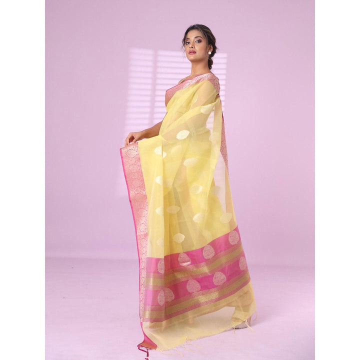 CHARUKRITI Yellow Organza Saree Zari Weave Border with Unstitched Blouse