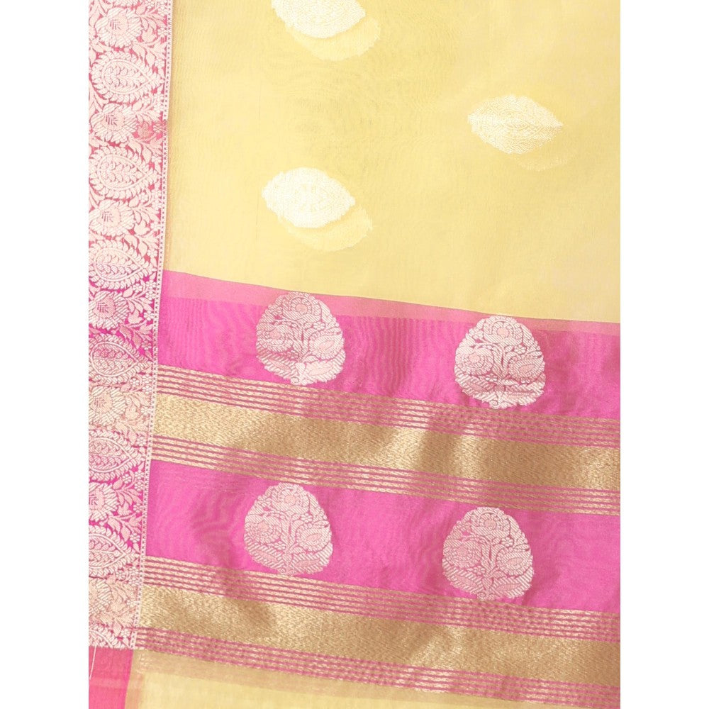 CHARUKRITI Yellow Organza Saree Zari Weave Border with Unstitched Blouse