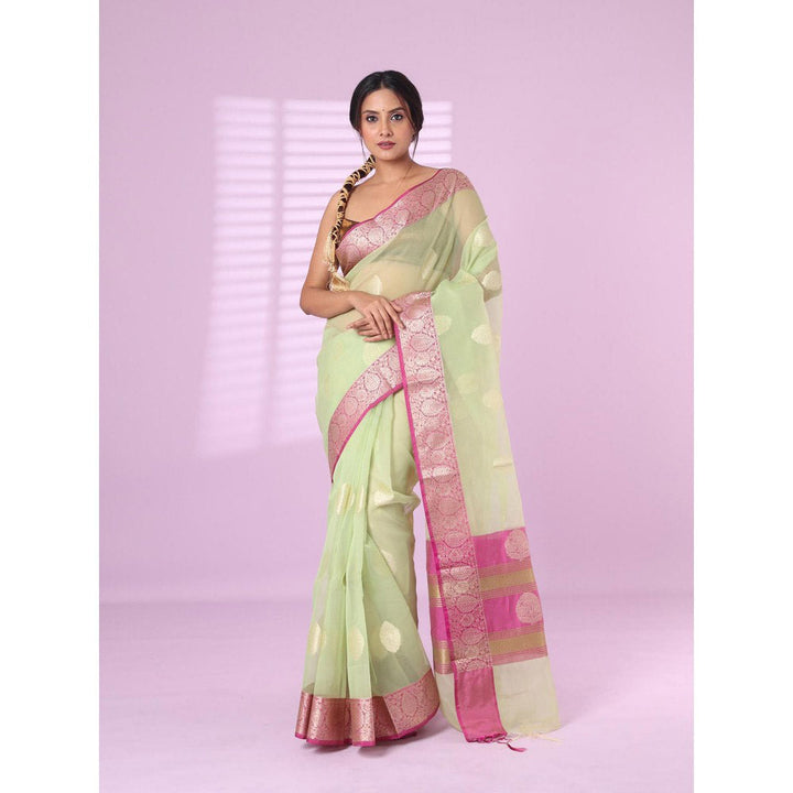 CHARUKRITI Pistachio Green Organza Saree Zari Weave Border with Unstitched Blouse