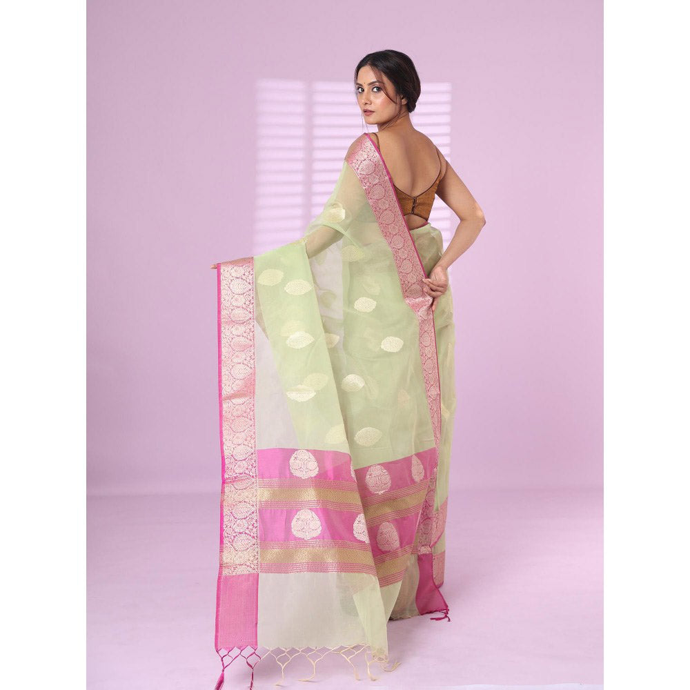 CHARUKRITI Pistachio Green Organza Saree Zari Weave Border with Unstitched Blouse