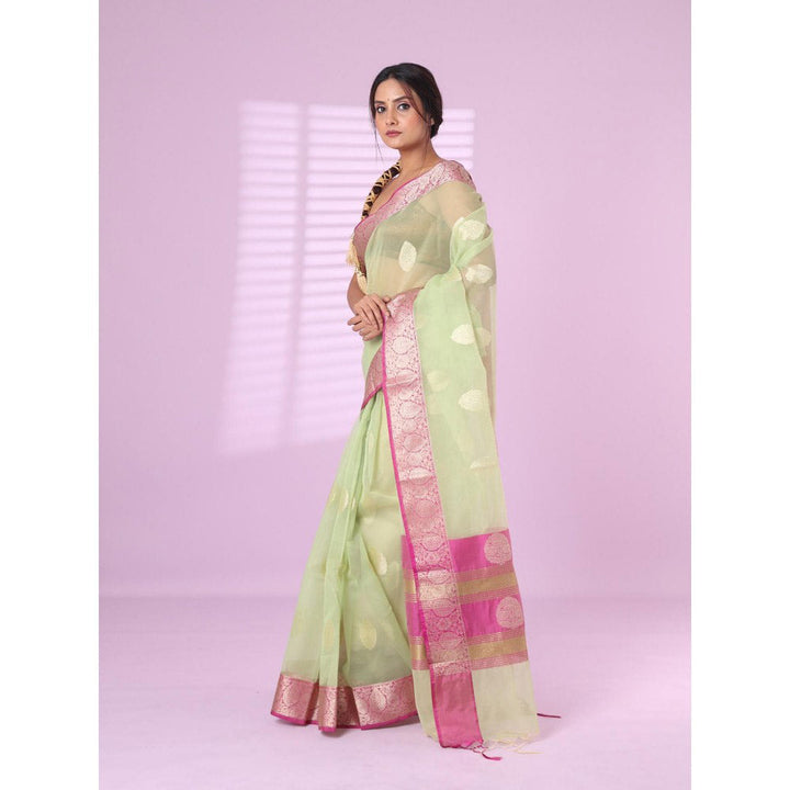 CHARUKRITI Pistachio Green Organza Saree Zari Weave Border with Unstitched Blouse