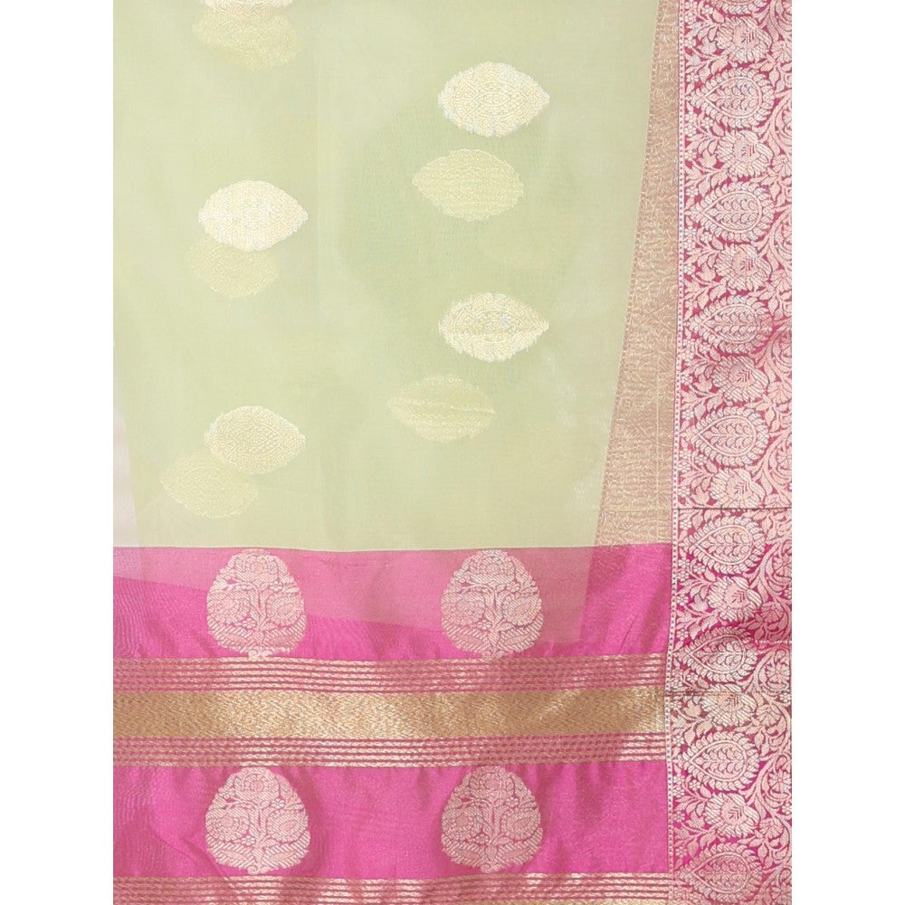 CHARUKRITI Pistachio Green Organza Saree Zari Weave Border with Unstitched Blouse