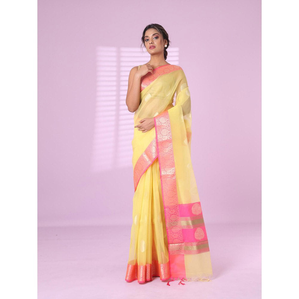 CHARUKRITI Yellow Organza Saree Zari Weave Border with Unstitched Blouse