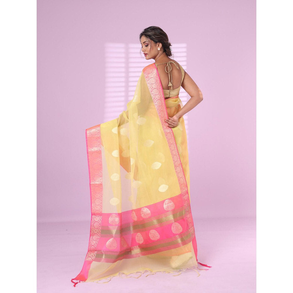 CHARUKRITI Yellow Organza Saree Zari Weave Border with Unstitched Blouse