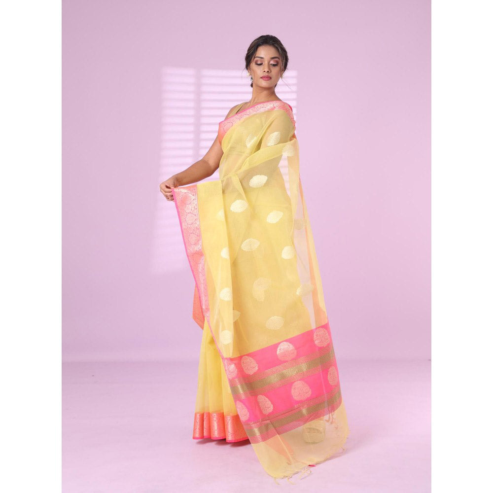 CHARUKRITI Yellow Organza Saree Zari Weave Border with Unstitched Blouse