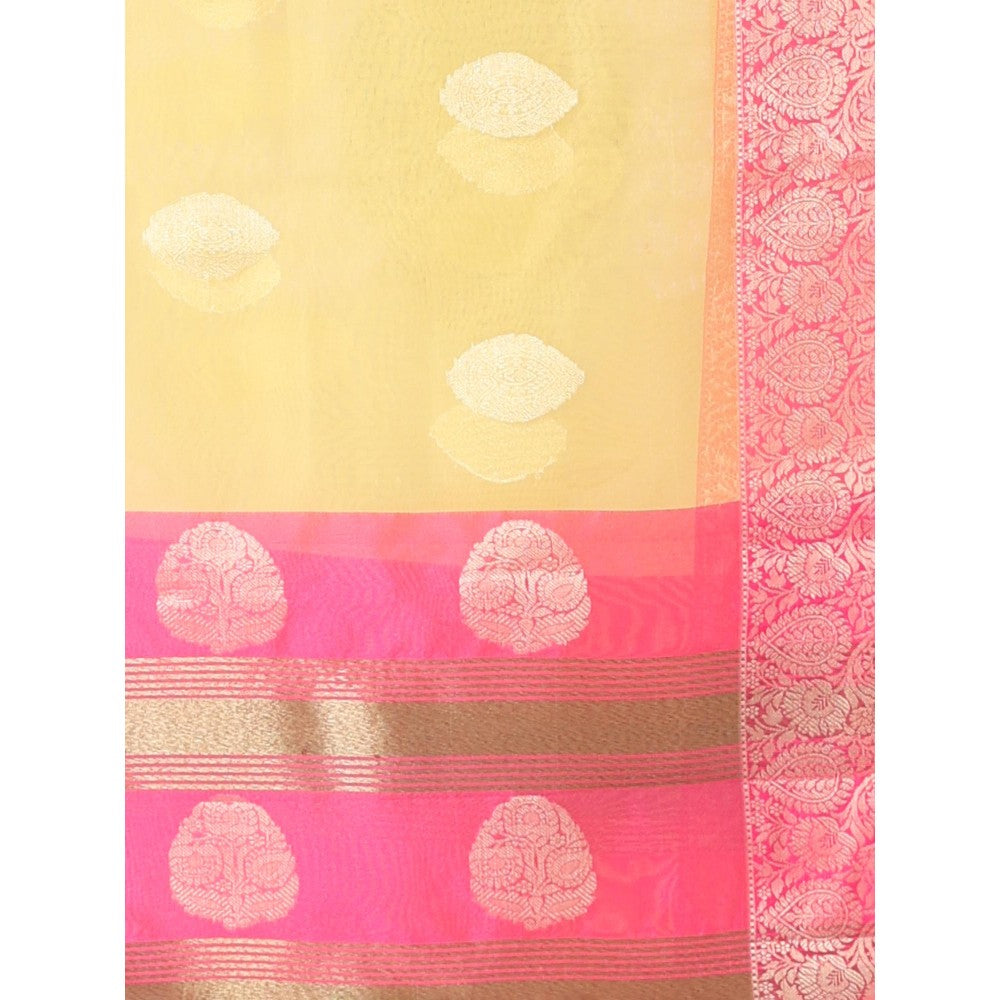 CHARUKRITI Yellow Organza Saree Zari Weave Border with Unstitched Blouse