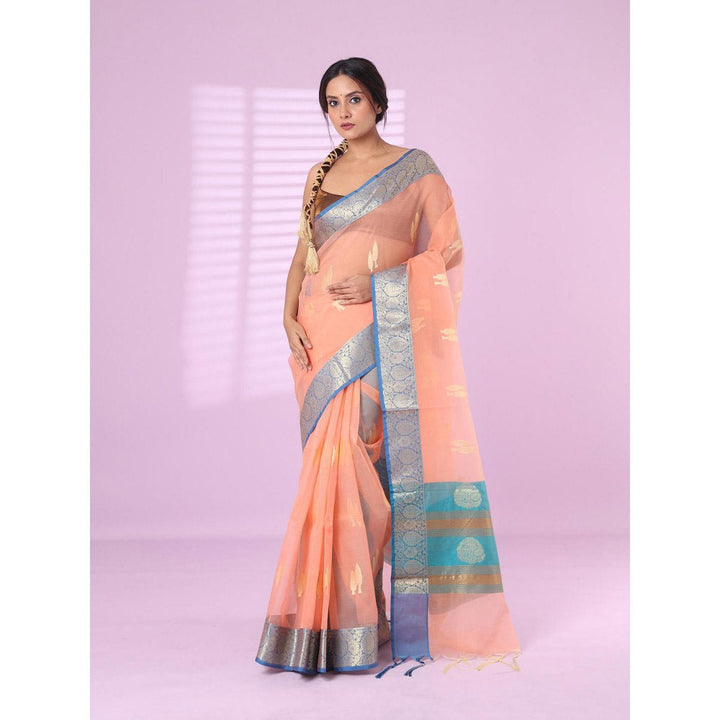 CHARUKRITI Peach Organza Saree Zari Weave Border with Unstitched Blouse