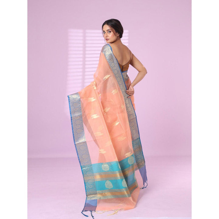 CHARUKRITI Peach Organza Saree Zari Weave Border with Unstitched Blouse