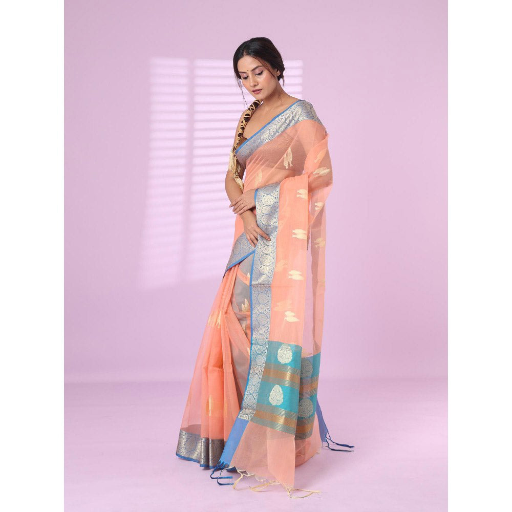 CHARUKRITI Peach Organza Saree Zari Weave Border with Unstitched Blouse