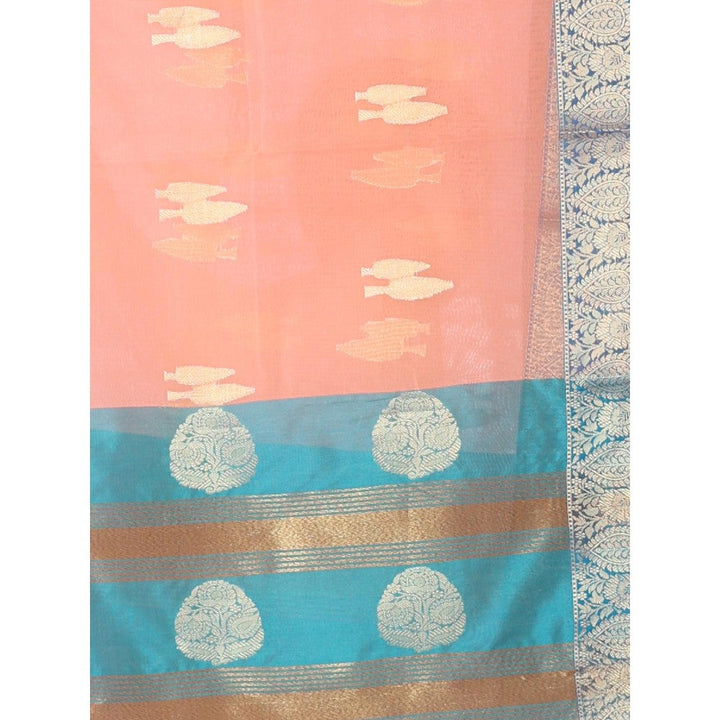 CHARUKRITI Peach Organza Saree Zari Weave Border with Unstitched Blouse