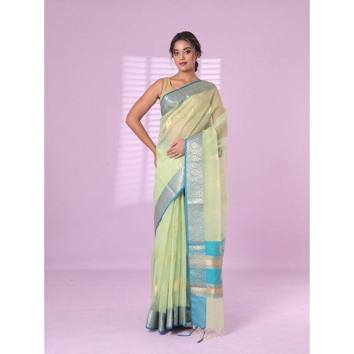 CHARUKRITI Light Green Organza Saree Zari Weave Border with Unstitched Blouse