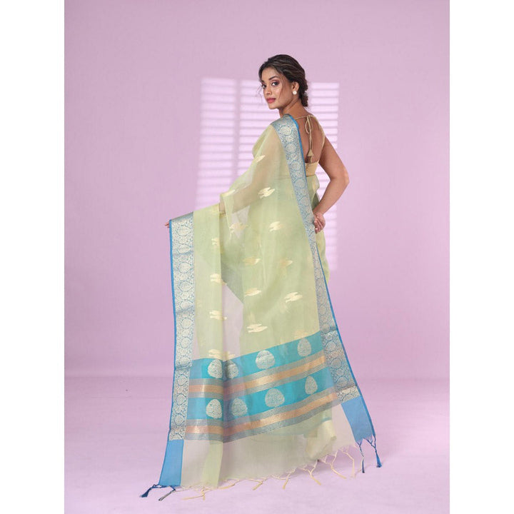 CHARUKRITI Light Green Organza Saree Zari Weave Border with Unstitched Blouse