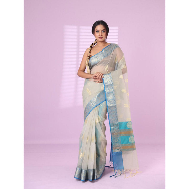 CHARUKRITI Ecru Organza Saree Zari Weave Border with Unstitched Blouse