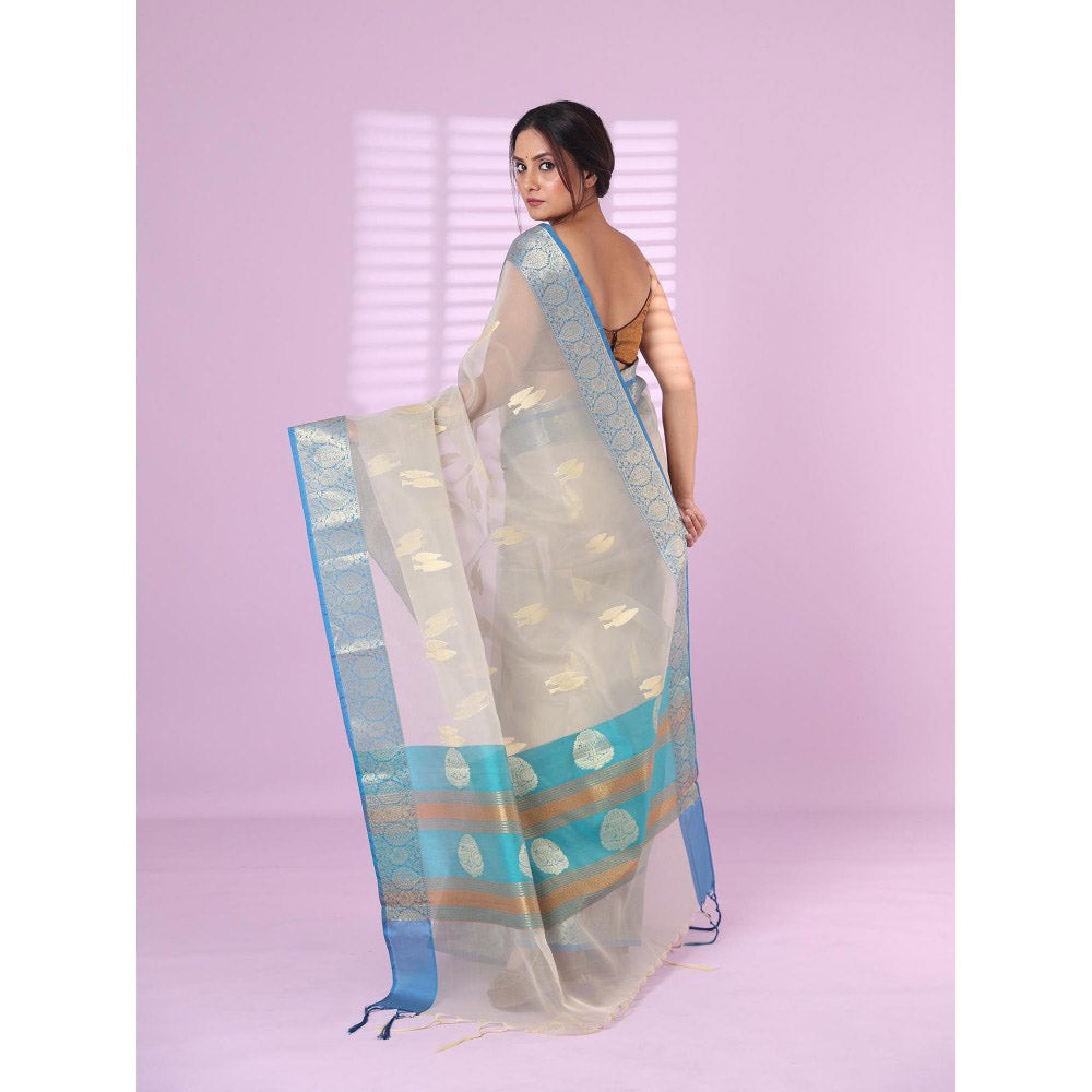 CHARUKRITI Ecru Organza Saree Zari Weave Border with Unstitched Blouse