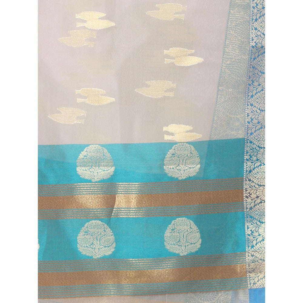 CHARUKRITI Ecru Organza Saree Zari Weave Border with Unstitched Blouse