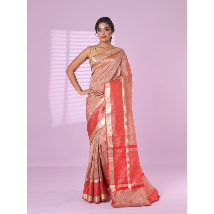 CHARUKRITI Red Crush Tissue Saree Zari Border with Unstitched Blouse