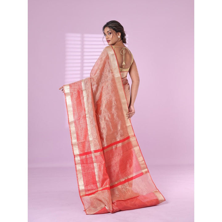 CHARUKRITI Red Crush Tissue Saree Zari Border with Unstitched Blouse