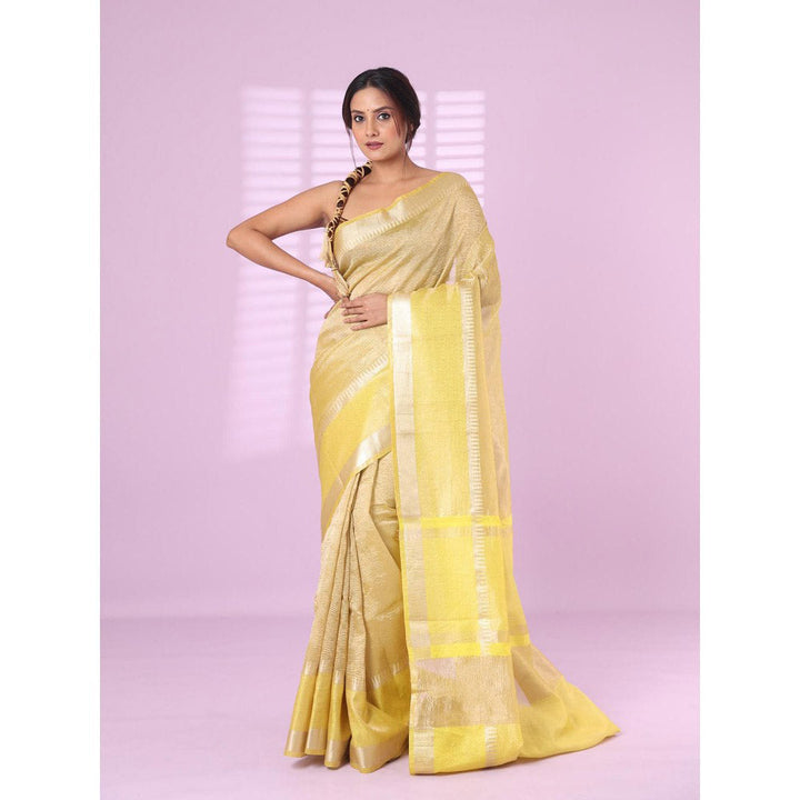 CHARUKRITI Yellow Crush Tissue Saree Zari Border with Unstitched Blouse