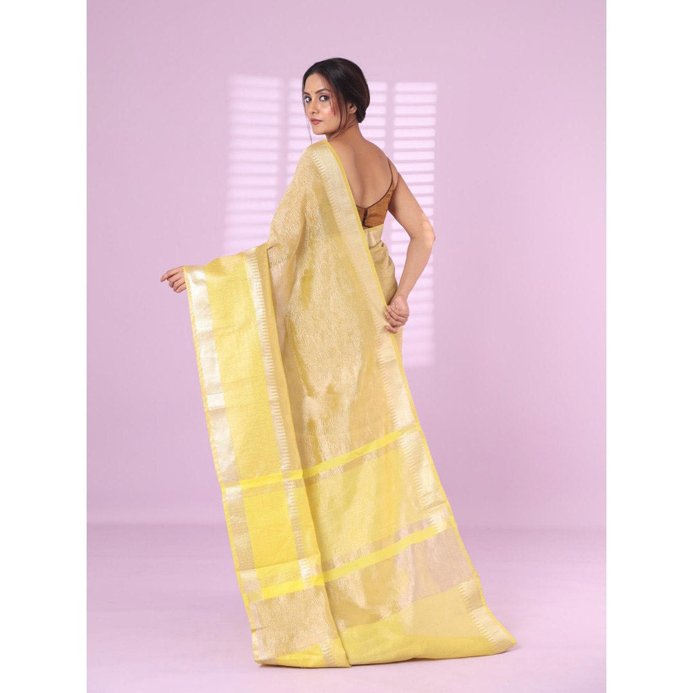 CHARUKRITI Yellow Crush Tissue Saree Zari Border with Unstitched Blouse