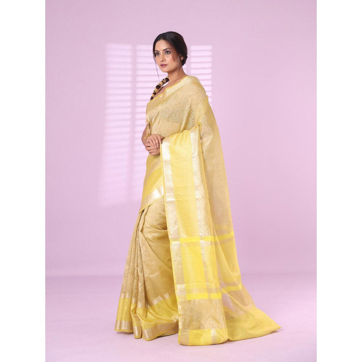 CHARUKRITI Yellow Crush Tissue Saree Zari Border with Unstitched Blouse