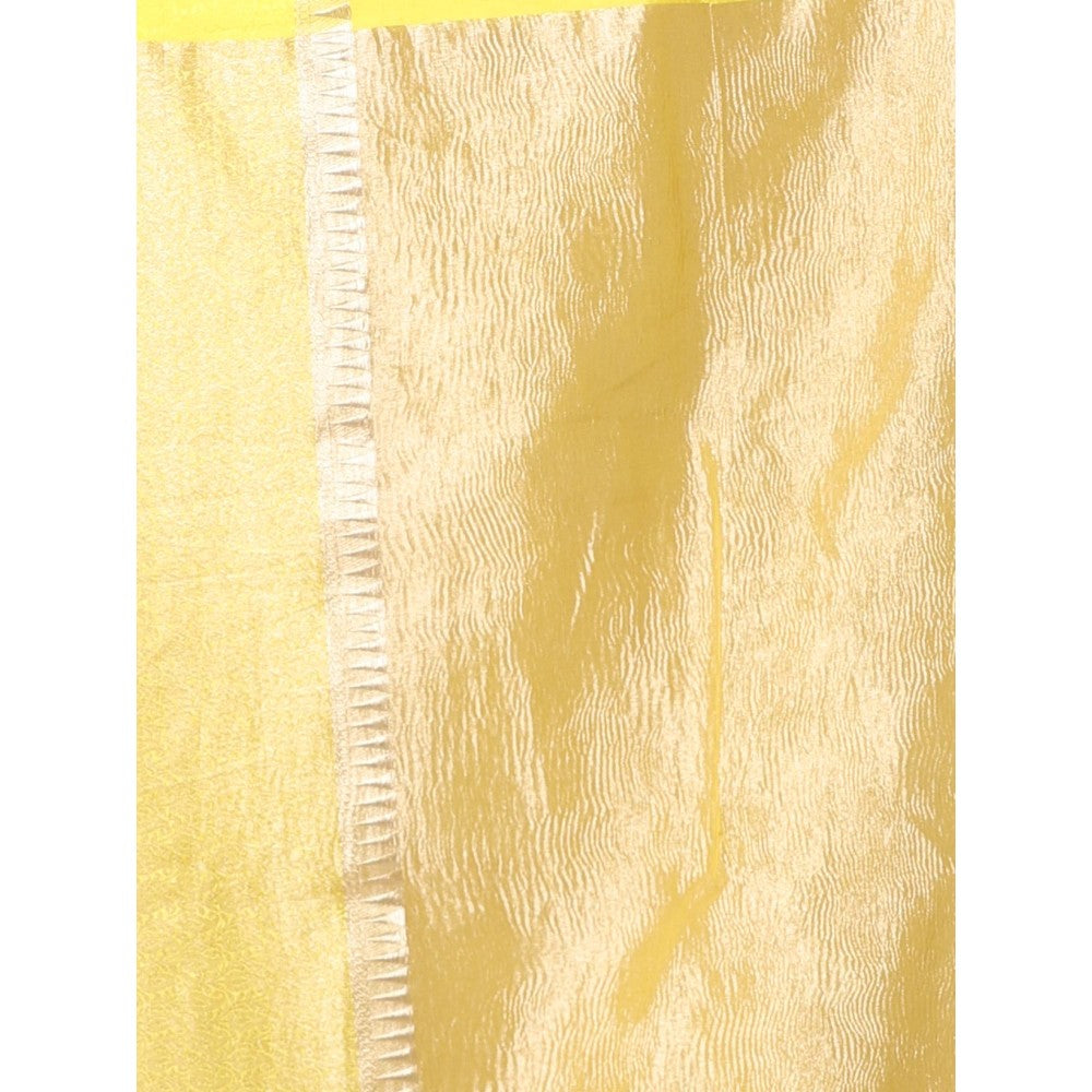 CHARUKRITI Yellow Crush Tissue Saree Zari Border with Unstitched Blouse