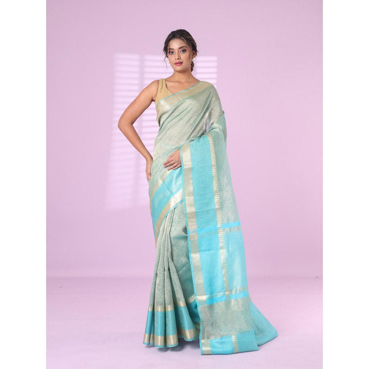 CHARUKRITI Sky Blue Crush Tissue Saree Zari Border with Unstitched Blouse